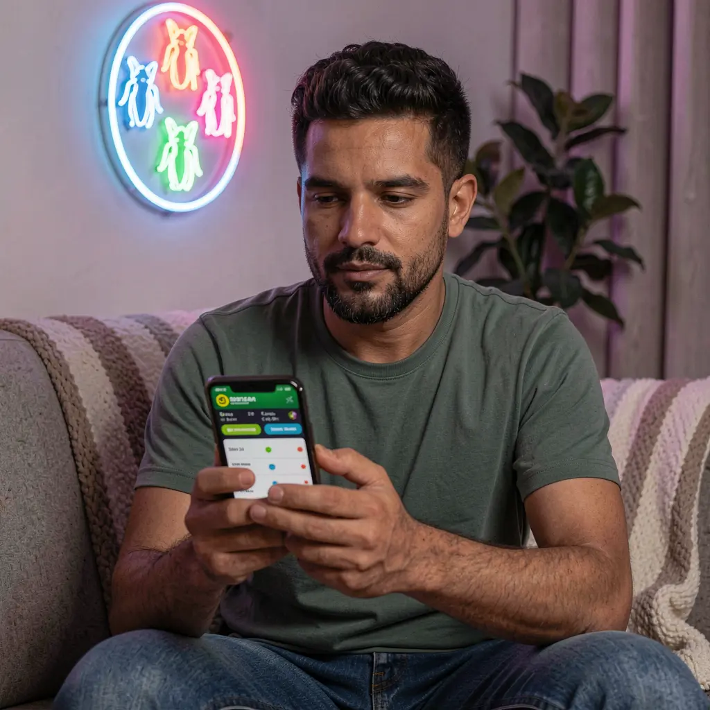 Jogador brasileiro feliz aproveitando apostas esportivas online em um laptop com ação de futebol ao vivo na TV ao fundo usando a plataforma 574WIN Aplicativo 574WIN – Aposte em críquete e nos principais eventos esportivos no Brasil